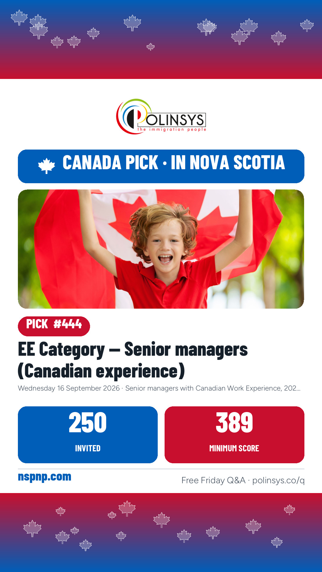 EE Category — Senior managers (Canadian experience) — 250 invitations, 16 September 2026 — in Nova Scotia